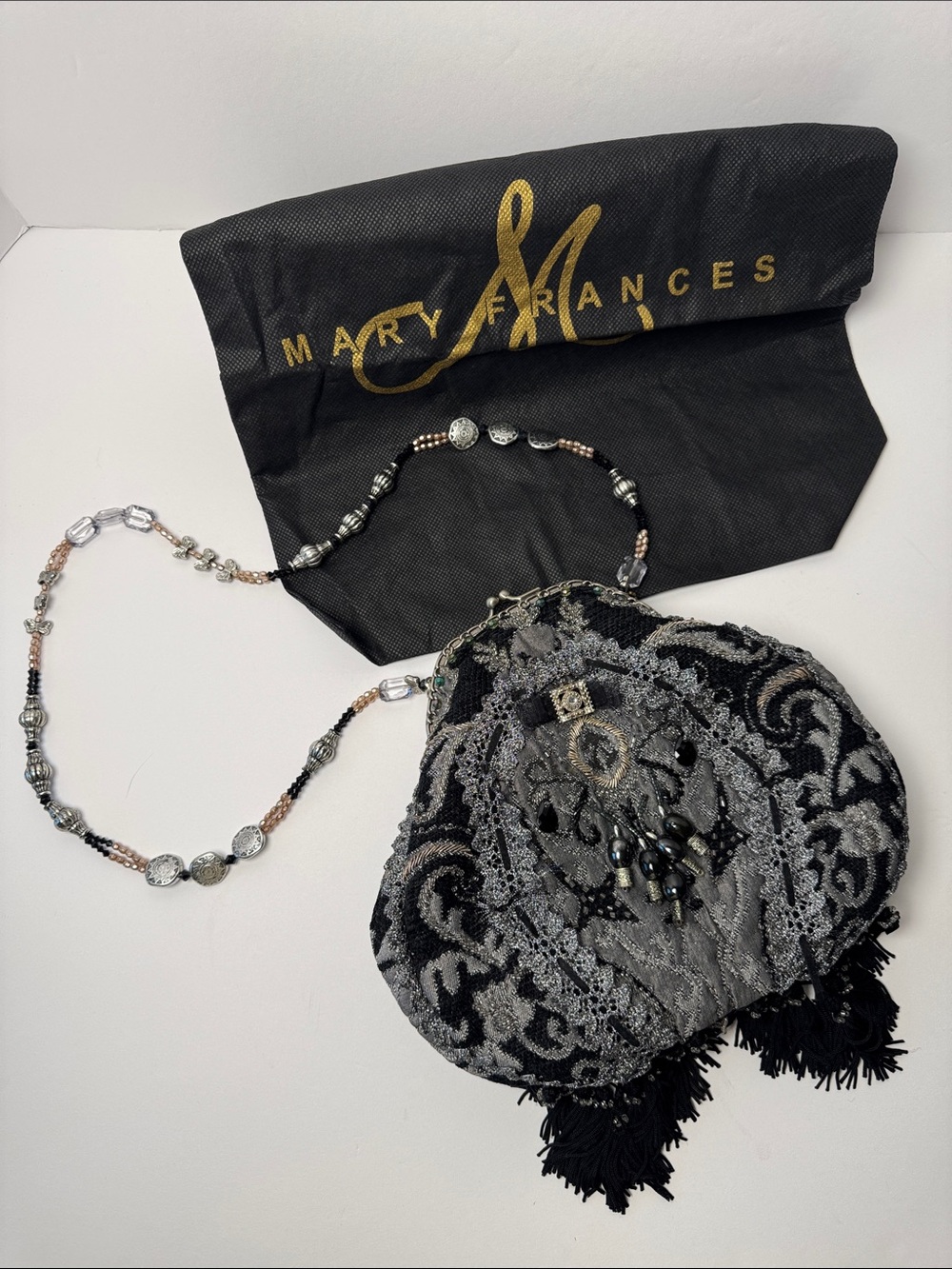 MARY FRANCES VTG? Black Silver Beaded Strap Evening Purse Tassel Fringe Detail